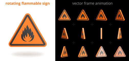 Fire danger. Rotating flammable sign. Vector frame sequence for GIF, flash, web animation. Sprite sheet with a looped motion. Animated 3D icon. Set of orange triangular stickers