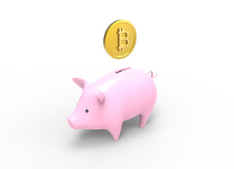 3D illustration of piggy bank with bitcoin symbol