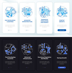 Expanding business night and day mode onboarding mobile app screen. Walkthrough 4 steps graphic instructions pages with linear concepts. UI, UX, GUI template. Myriad Pro-Bold, Regular fonts used