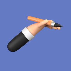 3d cartoon human hand holding painting wooden brush isolated on a purple background. 3d rendering illustration