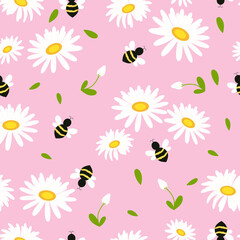 Seamless pattern of chamomile, daisy, with fly bee on a pink background.Wild wasps in a flower meadow.