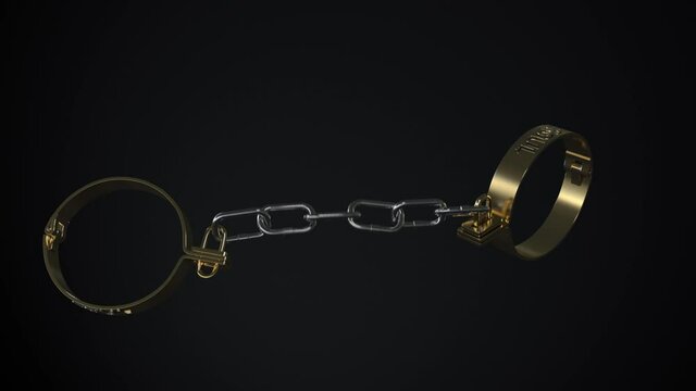 4k concept animation of brass type virtual shackles or handcuffs with Soul text struggle and eventually break the chain. Comes with the Alpha Matte.
