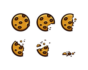 Bitten oatmeal cookies with chocolate pieces isolated on white background. Biscuits broken with crumbs. Vector cartoon illustration.