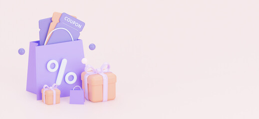 Purple gift coupons with gifts for sales and promotions. An illustration with an empty space. 3D rendering