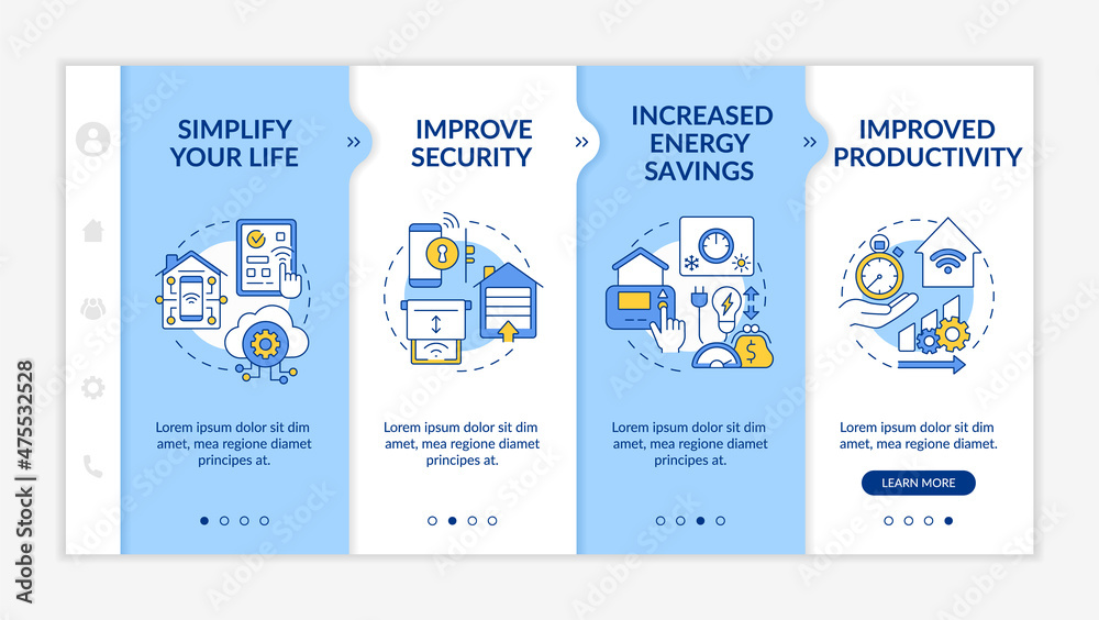 Wall mural reasons for home automation white and blue onboarding template. responsive mobile website with linea