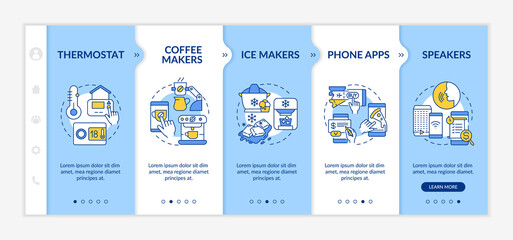 Examples of daily automation blue and white onboarding template. Responsive mobile website with linear concept icons. Web page walkthrough 5 step screens. Lato-Bold, Regular fonts used