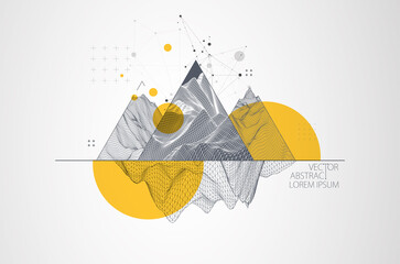 Scientific and technical image of the mountains. Abstract wireframe surface background inside a triangle.