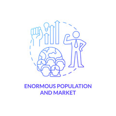 Enormous population and market blue gradient concept icon. Attracting international businesses abstract idea thin line illustration. Isolated outline drawing. Roboto-Medium, Myriad Pro-Bold fonts used