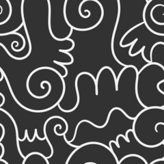 Abstract seamless pattern on dark background. Doodle plants wallpaper. Line art branched print.