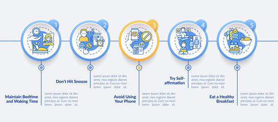 Tips for building morning routine blue circle infographic template. Data visualization with 5 steps. Process timeline info chart. Workflow layout with line icons. Myriad Pro-Bold, Regular fonts used