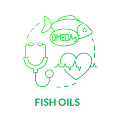 Fish oils green gradient concept icon. Fat acids and vitamins from seafood abstract idea thin line illustration. Isolated outline drawing. Roboto-Medium, Myriad Pro-Bold fonts used