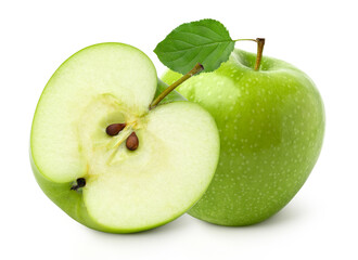 Fresh green apple fruit and halves with leaves isolated on white background..