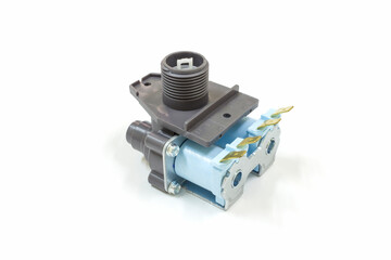 Close up of washing machine water inlet valve on white background, isolated, Home appliances repair service.