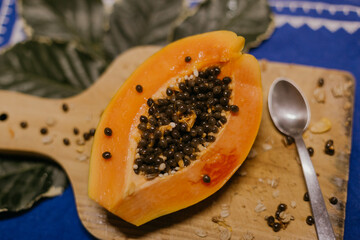 papaya on a wooden table