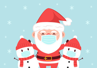 Santa Claus and Snowman cartoon. Social distancing poster. Face mask. Merry Christmas.