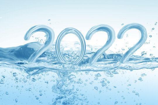 2022, Happy New Year 2022 water splash isolated on white background, water