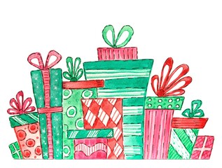 Set of Christmas gifts, bright watercolor illustration for new year's card