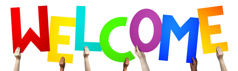 Welcome - human hands holding colorful letters