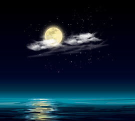 Fototapeta na wymiar Full Moon Stars And Clouds Magical Night Reflecting On Blue Water