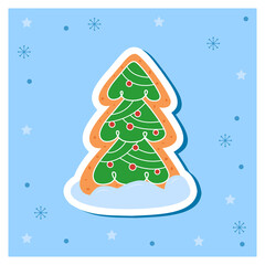 Gingerbread in shape of christmas tree decorated colored icing. Holiday cookie . New years. Merry christmas. Winter holiday and new years eve. Vector illustration