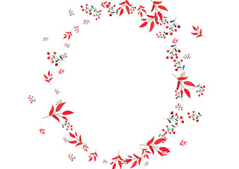Green Leaf Background White Vector. Berries Pattern Design. Red Herb. Pink Rowan Elm. September Texture.