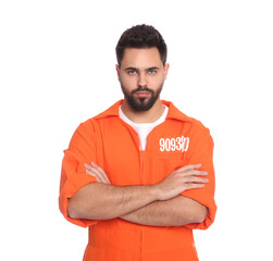 Prisoner in special jumpsuit on white background