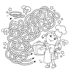 Maze or Labyrinth Game. Puzzle. Tangled road. Coloring Page Outline Of cartoon girl chef with large pot. Little cook or scullion. Profession. Coloring book for kids.