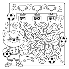 Maze or Labyrinth Game. Puzzle. Tangled road. Coloring Page Outline Of cartoon cat with soccer ball. Football. Sport activity. Coloring book for kids.