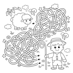 Maze or Labyrinth Game. Puzzle. Tangled road. Coloring Page Outline Of cartoon shepherd with sheep. Farm animals. Coloring book for kids.