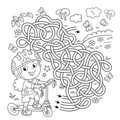 Maze or Labyrinth Game. Puzzle. Tangled road. Coloring Page Outline Of cartoon girl with scooter. Sport activity. Coloring book for kids.