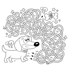 Maze or Labyrinth Game. Puzzle. Tangled road. Coloring Page Outline Of cartoon little dog with bone. Dachshund puppy. Coloring book for kids.
