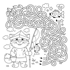 Maze or Labyrinth Game. Puzzle. Tangled road. Coloring Page Outline Of cartoon cat with fishing rod. Fun fisher. Coloring book for kids.