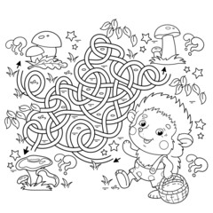 Maze or Labyrinth Game. Puzzle. Tangled road. Coloring Page Outline Of cartoon little hedgehog with basket of mushrooms. Coloring book for kids.
