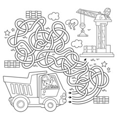 Maze or Labyrinth Game. Puzzle. Tangled road. Coloring Page Outline Of cartoon lorry or dump truck. Elevating crane on build. Construction vehicles. Coloring book for kids.