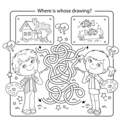 Maze or Labyrinth Game. Puzzle. Tangled road. Coloring Page Outline Of cartoon girl and boy with brush and paints. Where is whose drawing? Coloring book for kids.