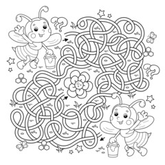 Maze or Labyrinth Game. Puzzle. Tangled road. Coloring Page Outline Of cartoon little bees with bucket of honey. Coloring book for kids.