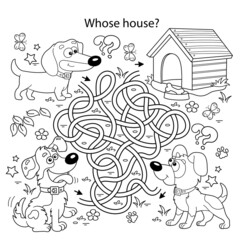 Maze or Labyrinth Game. Puzzle. Tangled road. Coloring Page Outline Of cartoon dogs with doghouse or kennel. Whose house ? Coloring book for kids.