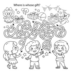 Maze or Labyrinth Game. Puzzle. Tangled road. Coloring Page Outline Of cartoon children with gifts and toys. Coloring book for kids.