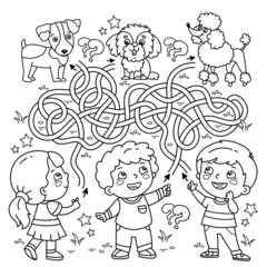 Maze or Labyrinth Game. Puzzle. Tangled road. Coloring Page Outline Of cartoon children with pets. Where is whose dog? Coloring book for kids.