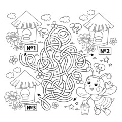 Maze or Labyrinth Game. Puzzle. Tangled road. Coloring Page Outline Of cartoon little bee with bucket of honey. Coloring book for kids.