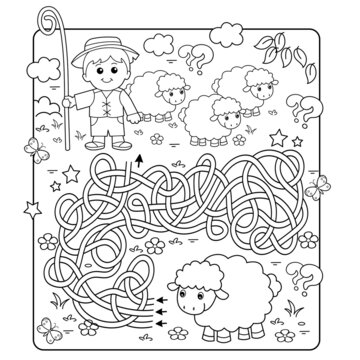 Maze or Labyrinth Game. Puzzle. Tangled road. Coloring Page Outline Of cartoon shepherd with flock of sheep. Farm animals. Coloring book for kids.