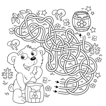 Maze or Labyrinth Game. Puzzle. Tangled road. Coloring Page Outline Of cartoon little bear cub with barrel of honey. Coloring book for kids.
