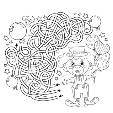 Maze or Labyrinth Game. Puzzle. Tangled road. Coloring Page Outline Of cartoon circus clown with colorful balloons. Coloring book for kids.