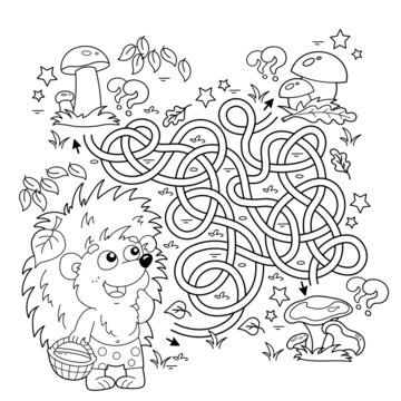 Maze or Labyrinth Game. Puzzle. Tangled road. Coloring Page Outline Of cartoon little hedgehog with basket of mushrooms. Coloring book for kids.