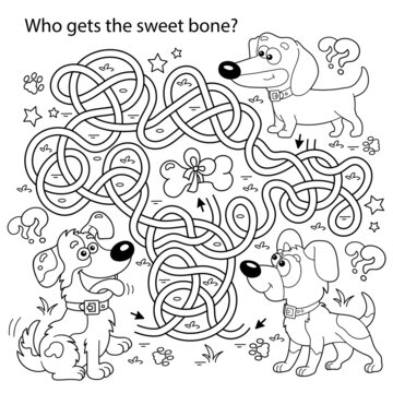 Maze or Labyrinth Game. Puzzle. Tangled road. Coloring Page Outline Of cartoon dogs with bone. Coloring book for kids.