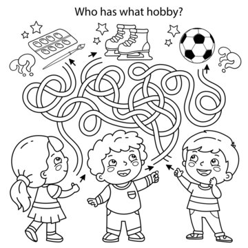 Maze or Labyrinth Game. Puzzle. Tangled road. Coloring Page Outline Of cartoon children with paints, soccer ball and skates. Who has what hobby? Coloring book for kids.