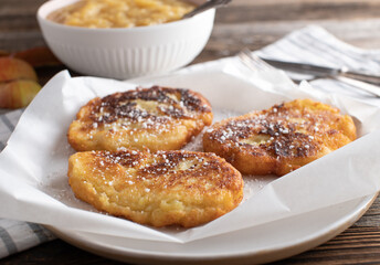 Potato pancakes . Traditional german quarkkeulchen made with cooked potatoes, quark, egg, flour and...