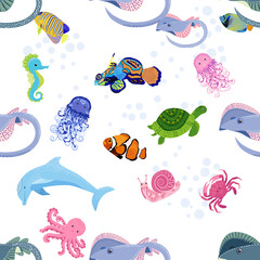 Marine life, fish, animals bright seamless pattern. sea travel, underwater diving animal tropical fish. Jellyfish, whale, shark, seahorse, clown fish, dolphin, turtle, emperor