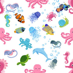 Fototapeta na wymiar Marine life, fish, animals bright seamless pattern. sea travel, underwater diving animal tropical fish. Jellyfish, whale, shark, seahorse, clown fish, dolphin, turtle, emperor