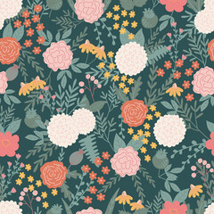 Floral seamless pattern with dahlias, roses, daisy flowers. Suitable for fabric, wallpaper, packaging paper